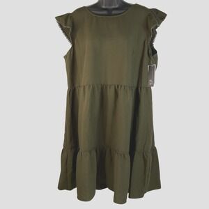 NWT AGB Womens Babydoll Dress Olive Green Sz XL Flutter Sleeve Tiered Round Neck